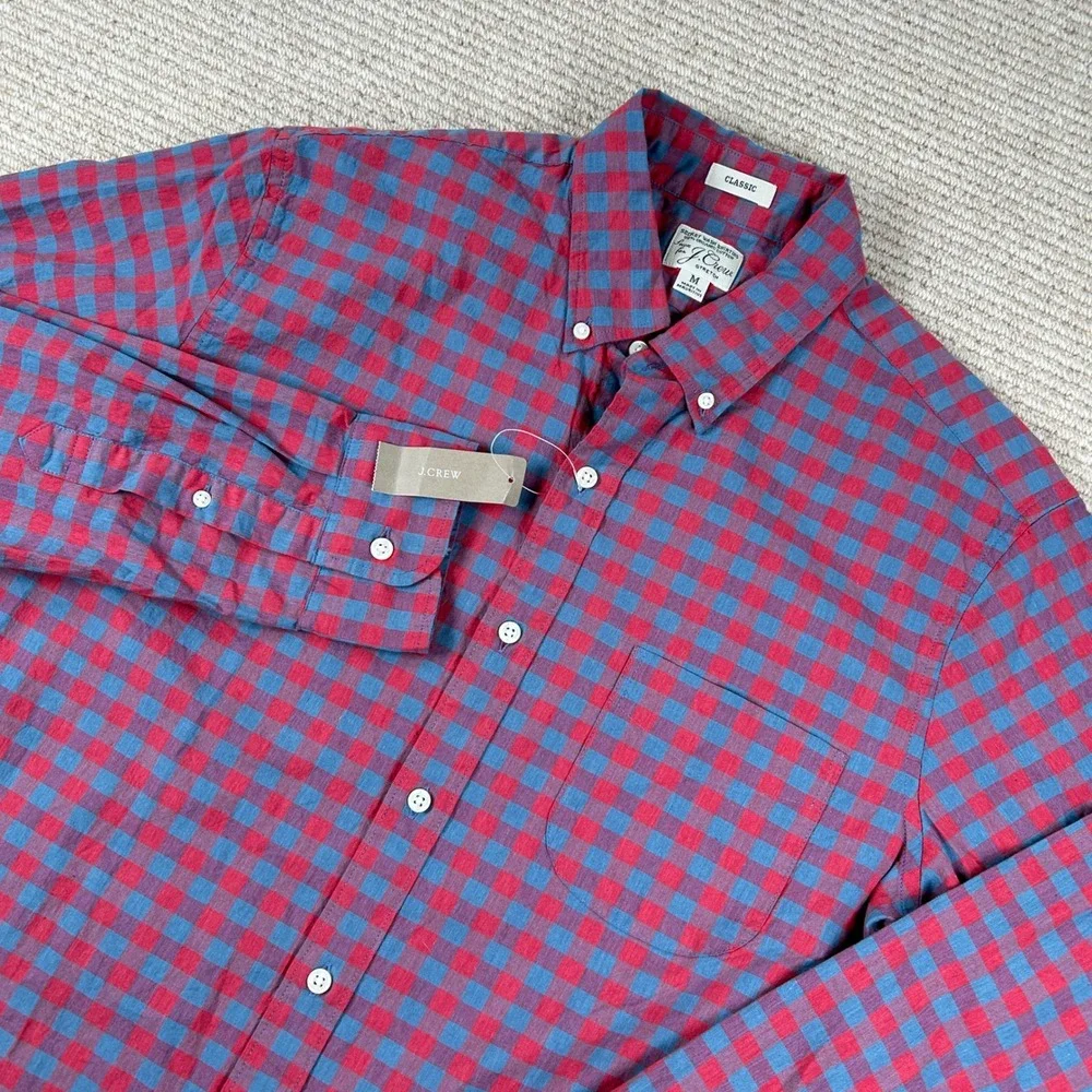 J. Crew Button Down Shirt Mens M Red Blue Gingham Secret Wash Preppy Classic New
